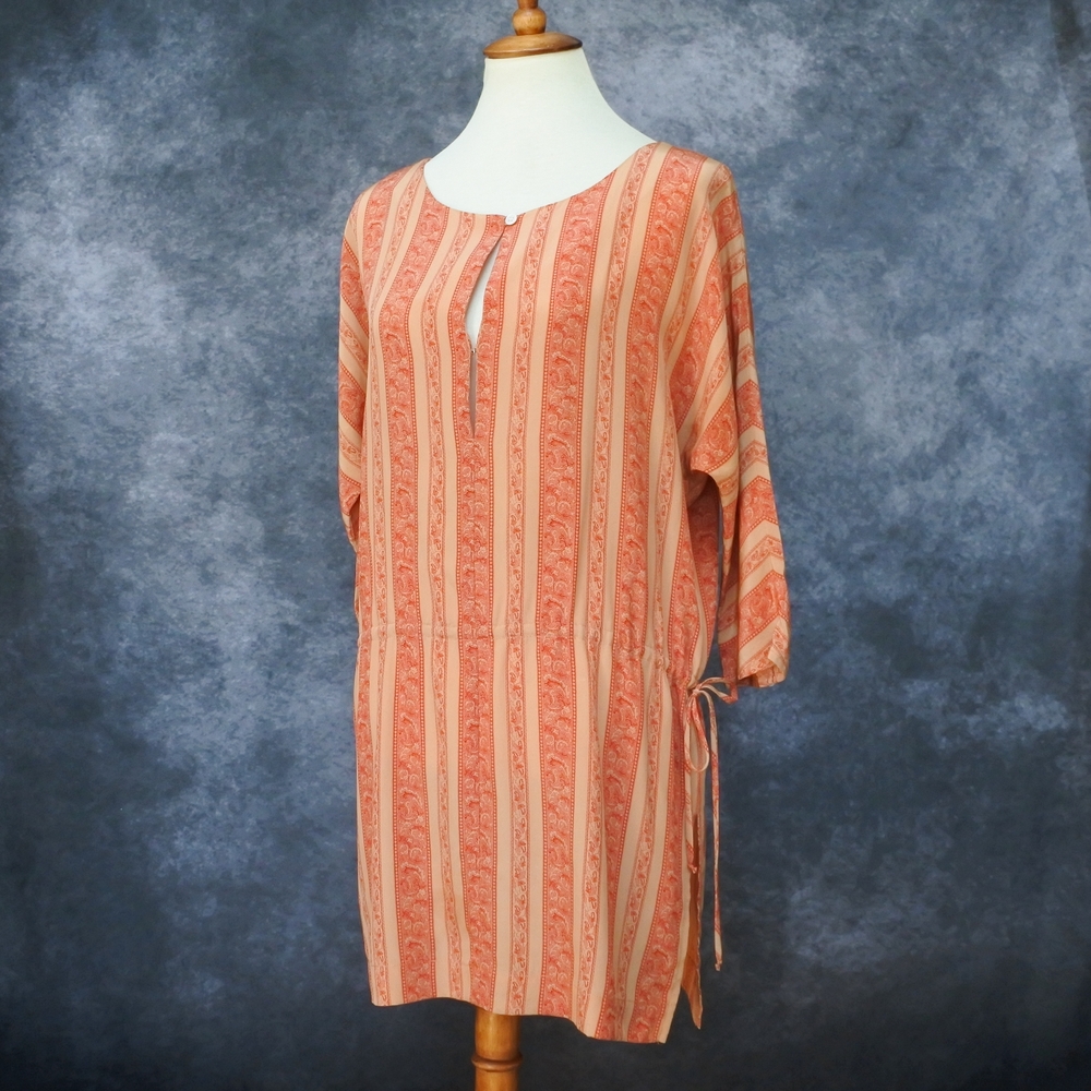 Emma & James 100% Silk Orange Red Striped Paisley Print Dress Size M